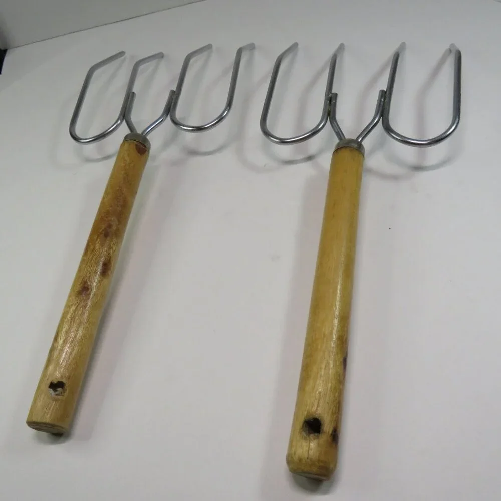 Vintage Steel Turkey Lifters / Meat Forks w Wooden Handle (set of 2)